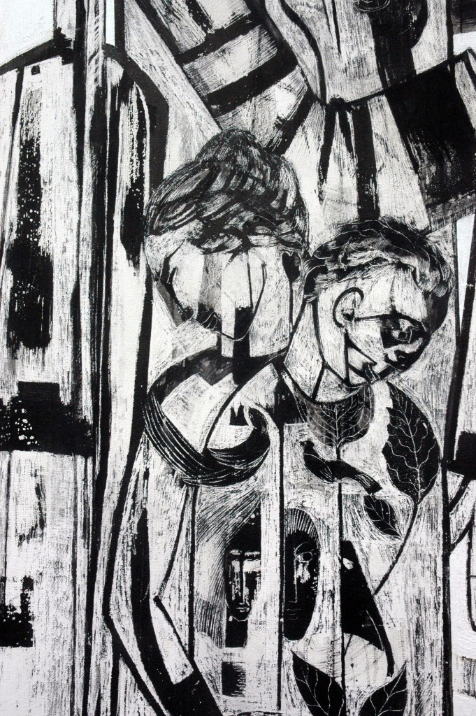 Democracy panel 1 (detail) by Ricky Romain oil and Indian ink on Gesso on Canvas. 240cm x 120cm 