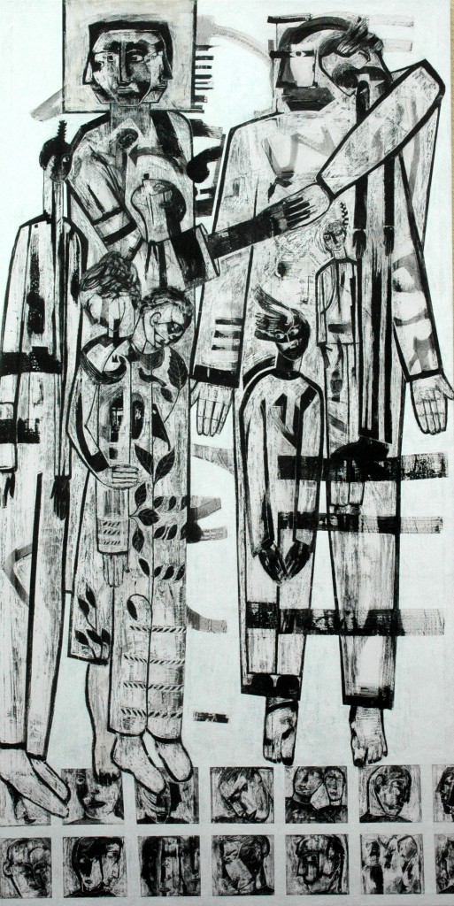 Democracy panel 1 by Ricky Romain oil and Indian ink on Gesso on Canvas. 240cm x 120cm 