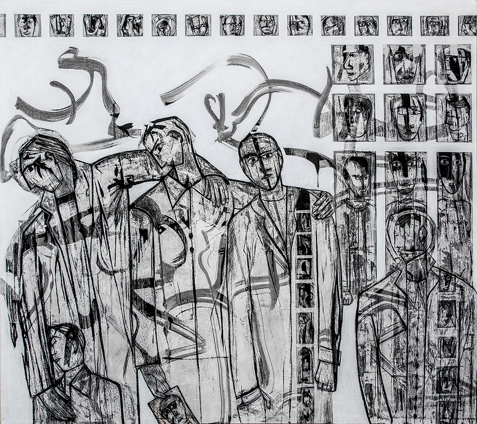 Lost Voices panel 6 by Ricky Romain. Oil and Indian Ink on Gesso on Canvas. !53cm x 132cm