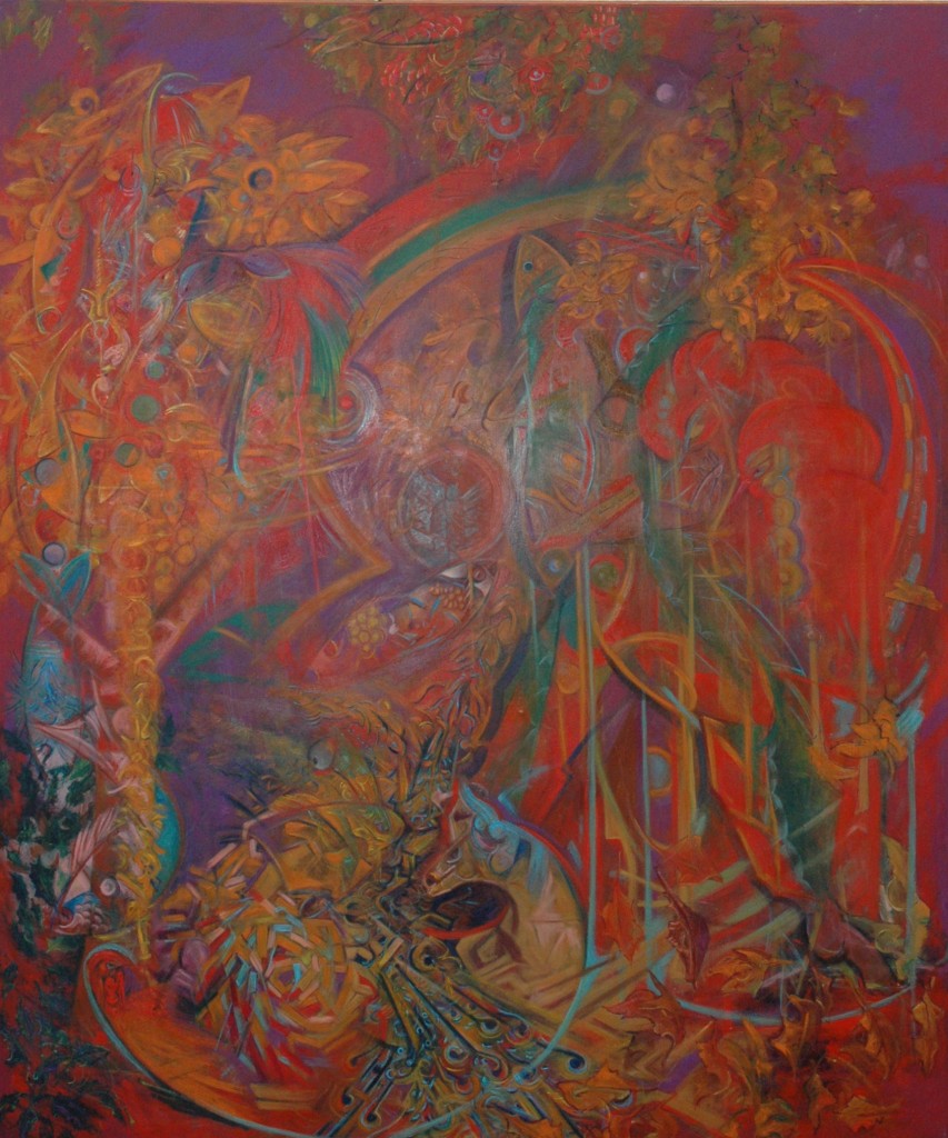 Shamanic Principle in the landscape by Ricky Romain oil on canvas 230cm x 200 cm 1994 (private collection)
